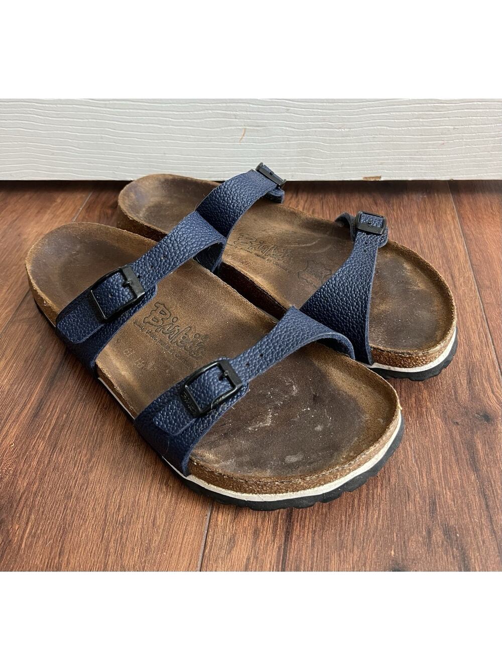 BIRKI'S BY BIRKENSTOCK Sierra Crosstown Navy Blue Leather Cork Sandals Sz 6